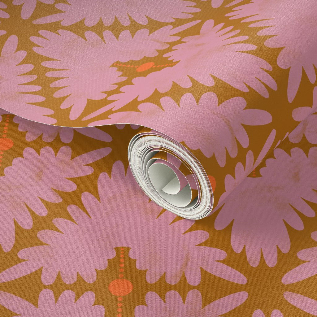 Roll of pink floral-patterned paper on a matching background. Designed by artist Leila Simon Hayes.