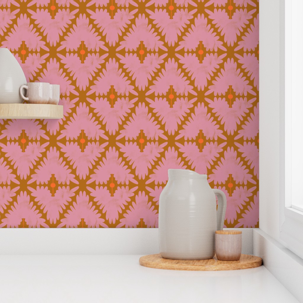 White pitcher on a wooden tray against a pink and orange geometric patterned wall. Designed by artist Leila Simon Hayes.