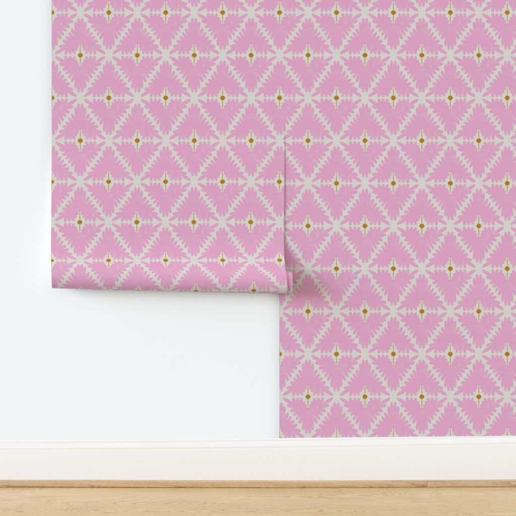 Roll of pink wallpaper with white geometric pattern on a white background. Designed by artist Leila Simon Hayes.