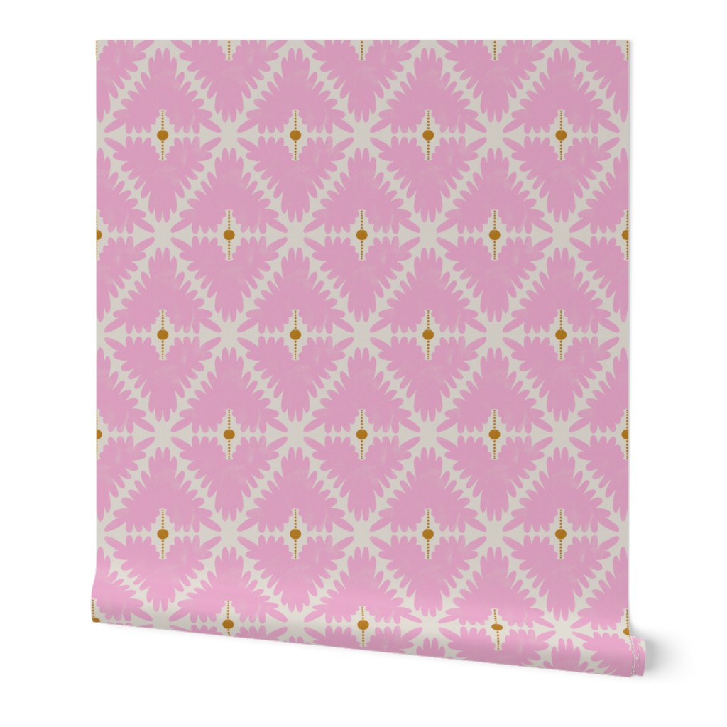 Roll of pink paper with a geometric pattern on a white background. Designed by artist Leila Simon Hayes.