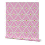 Roll of pink paper with a geometric pattern on a white background. Designed by artist Leila Simon Hayes.