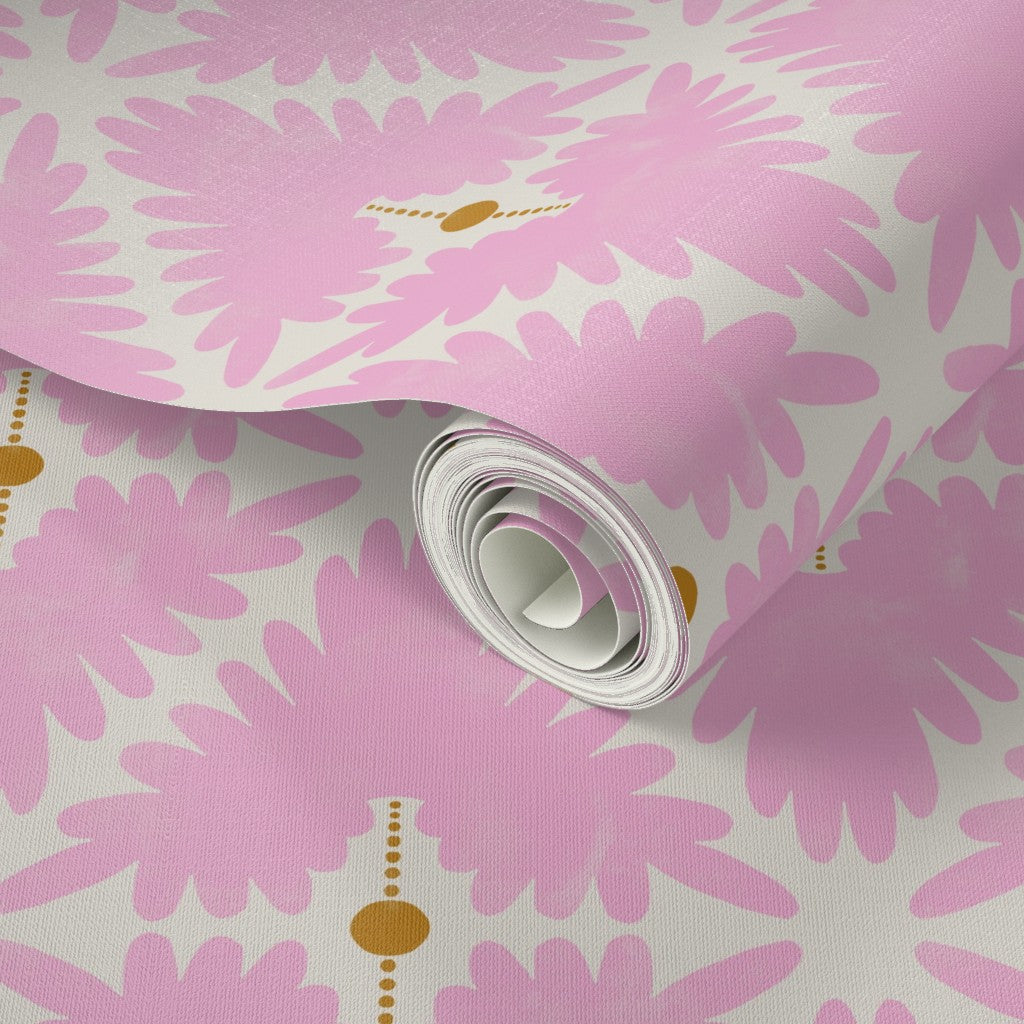 Roll of pink floral wallpaper with a white core. Designed by artist Leila Simon Hayes.