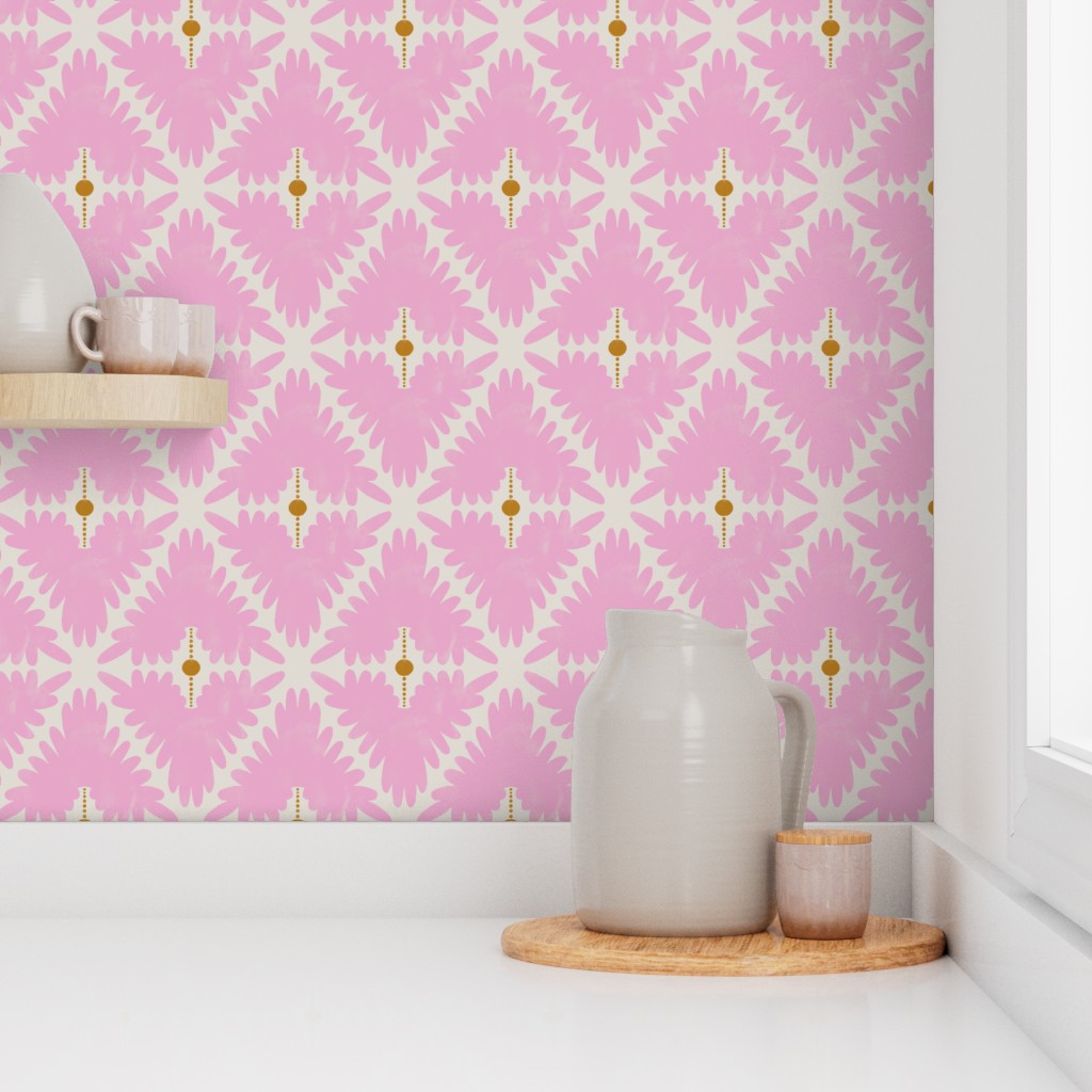 Pink geometric patterned wallpaper with a white vase and wooden tray in the foreground. Designed by artist Leila Simon Hayes.