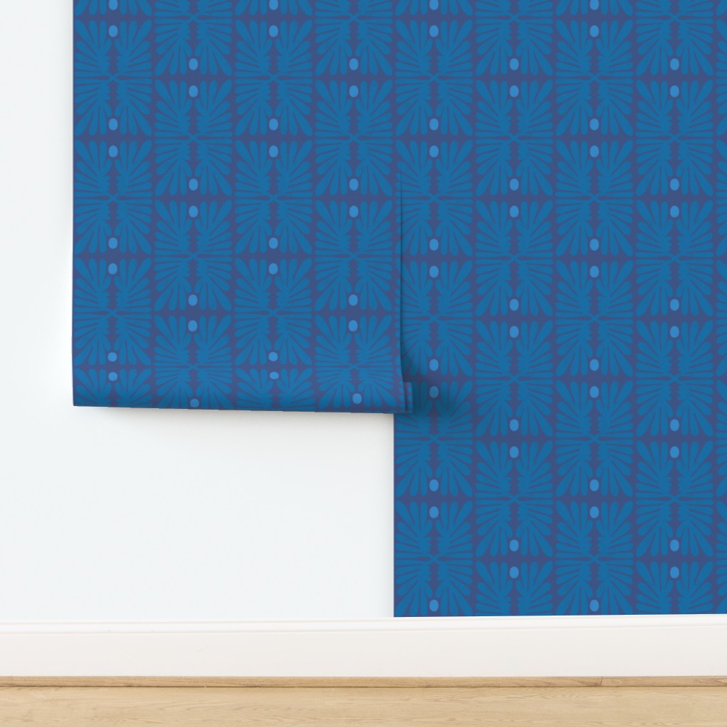 Blue roll of wallpaper with a tile pattern on a white background. Designed by artist Leila Simon Hayes. 