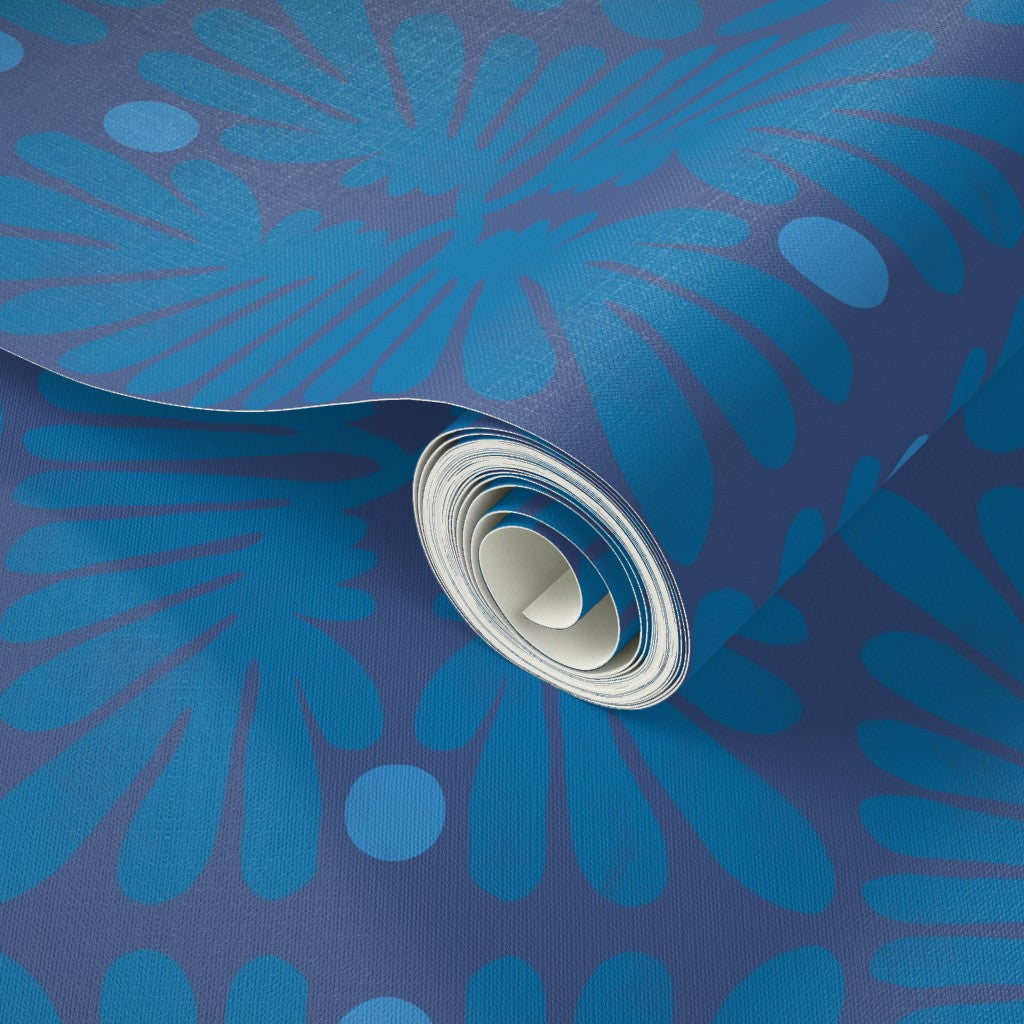 Roll of blue patterned floral wallpaper. Designed by artist Leila Simon Hayes. 