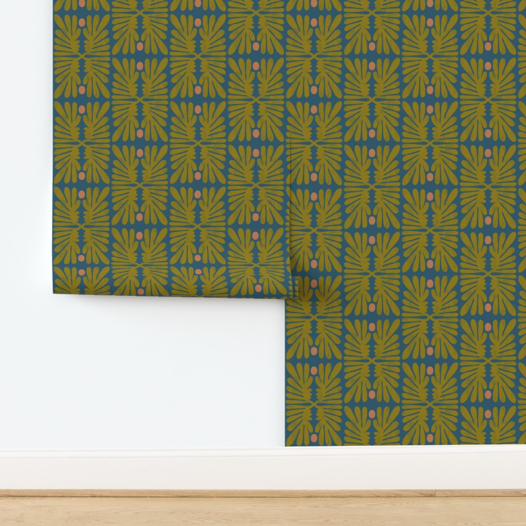 Blue roll of wallpaper with green floral tile pattern. Designed by artist Leila Simon Hayes. 
