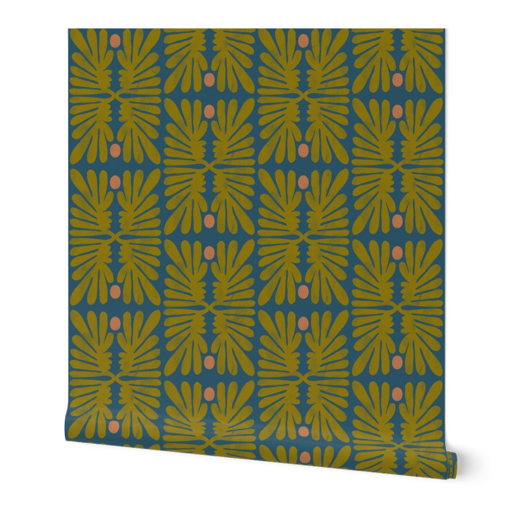 A roll of patterned wallpaper with green and pink design on a blue background. Designed by artist Leila Simon Hayes. 