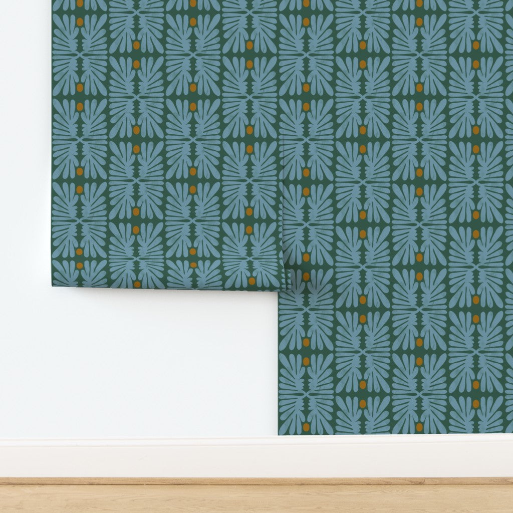 Patterned roll of wallpaper with geometric design on a white background. Designed by artist Leila Simon Hayes. 