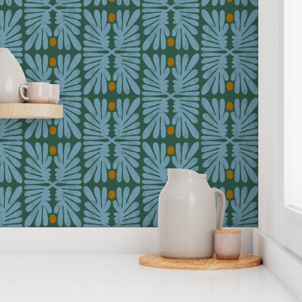 Kitchen countertop against a patterned wall. Designed by artist Leila Simon Hayes. 