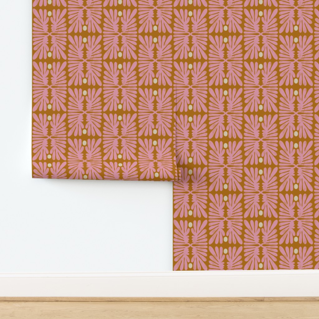 Pink and orange floral tile patterned wallpaper on a white background. Designed by artist Leila Simon Hayes. 