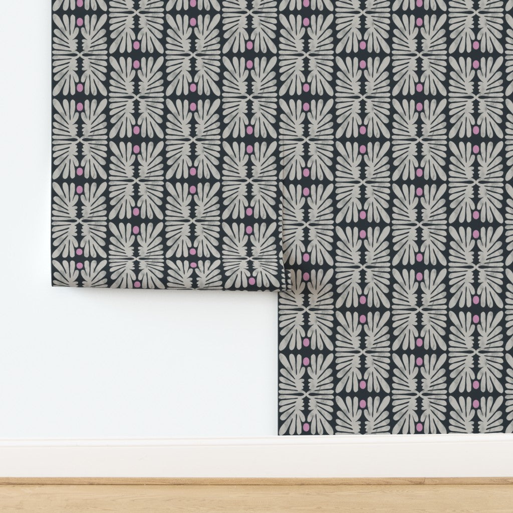 Black and white floral patterned wallpaper on a white background. Designed by artist Leila Simon Hayes. 