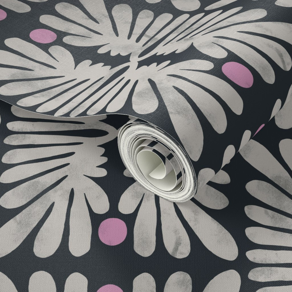 Roll of wallpaper with floral black and white pattern. Designed by artist Leila Simon Hayes. 