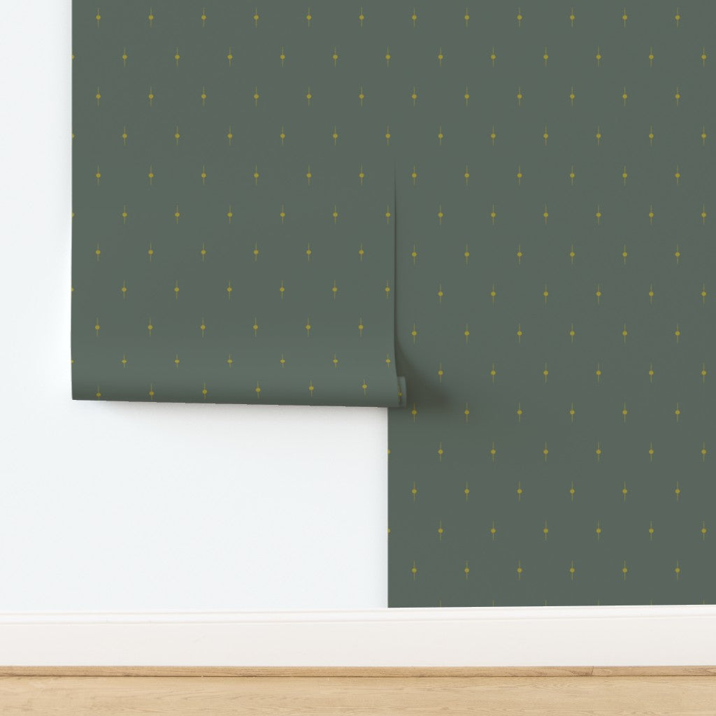 Olive green wallpaper with a geometric star design on a white background. Designed by artist Leila Simon Hayes. 
