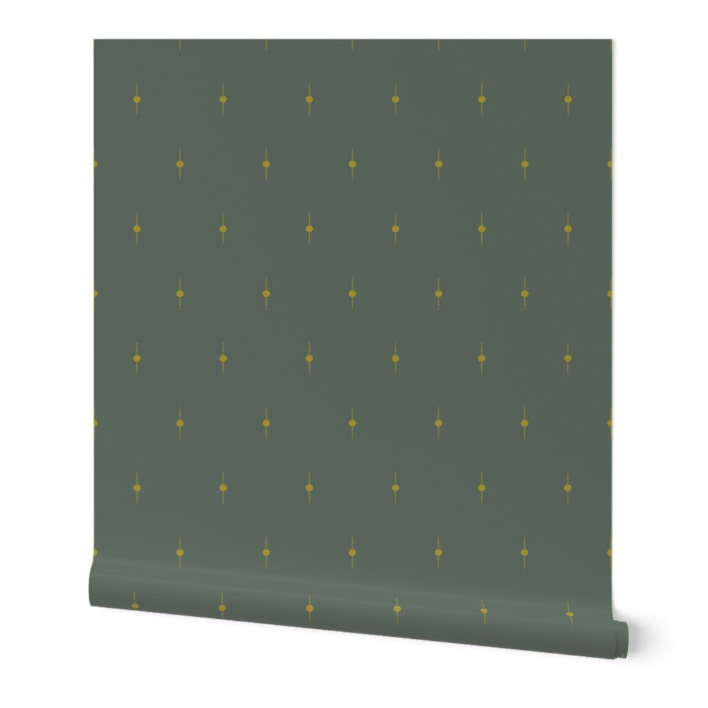 Patterned olive green wallpaper with geometric star design on a white background. Designed by artist Leila Simon Hayes. 