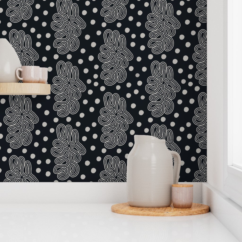 Kitchen black and white backsplash wallpaper. Designed by artist Leila Simon Hayes. 