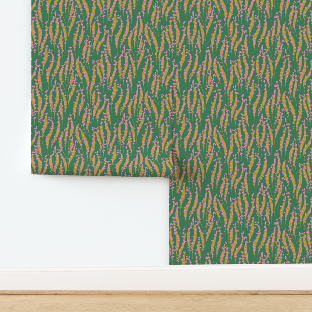 Roll of floral wallpaper with a wavy pattern on a white background. Designed by artist Leila Simon Hayes. 