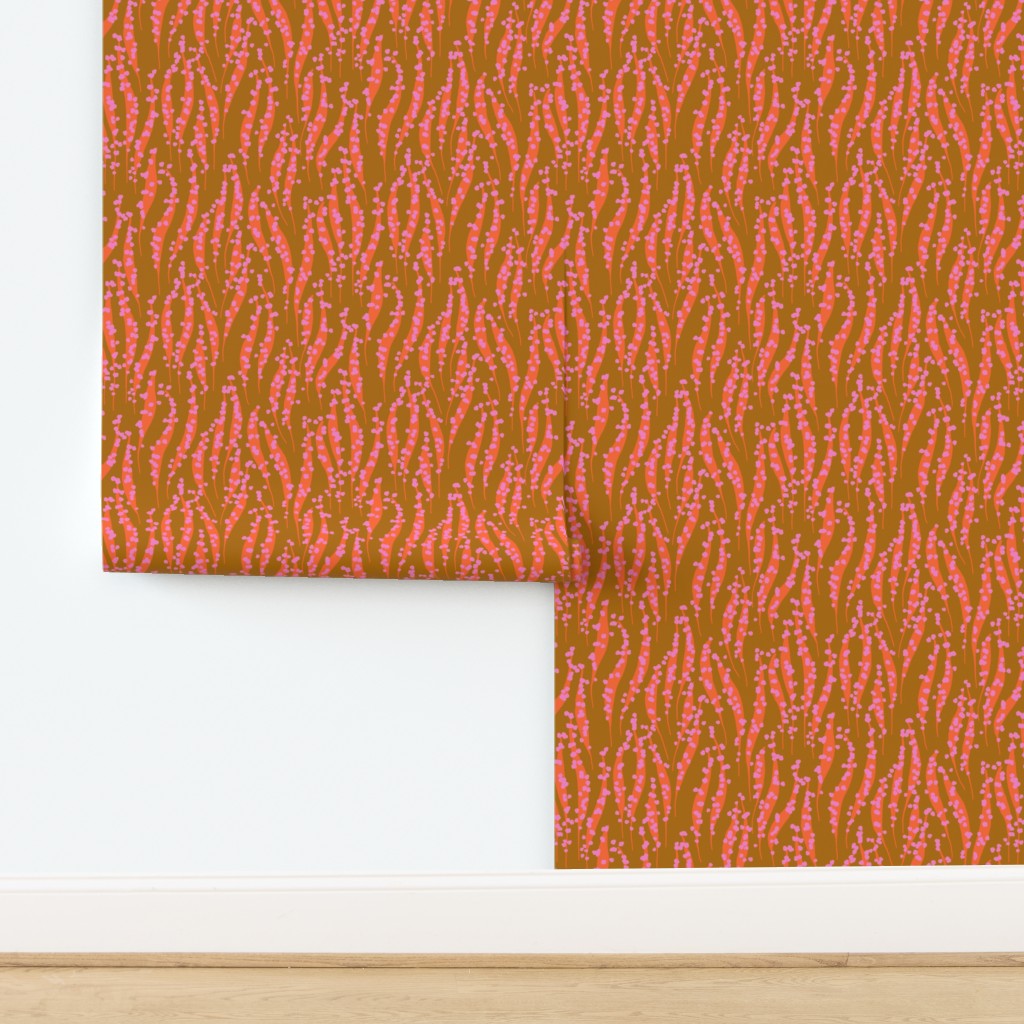 Pink wavy wallpaper pattern on a white background. Designed by artist Leila Simon Hayes. 