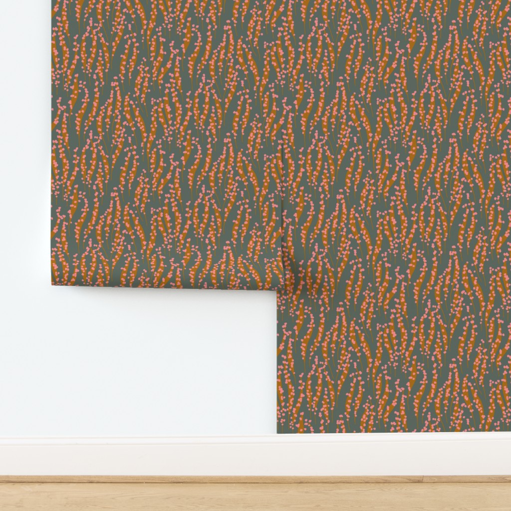 Roll of floral wallpaper with a subtle pattern on a purple background. Designed by artist Leila Simon Hayes. 