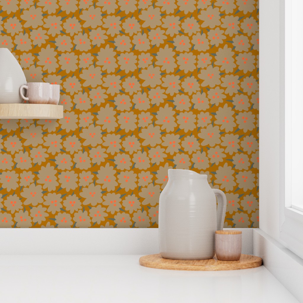 Kitchen with yellow floral wallpaper, white pitcher, and wooden tray. Designed by artist Leila Simon Hayes.