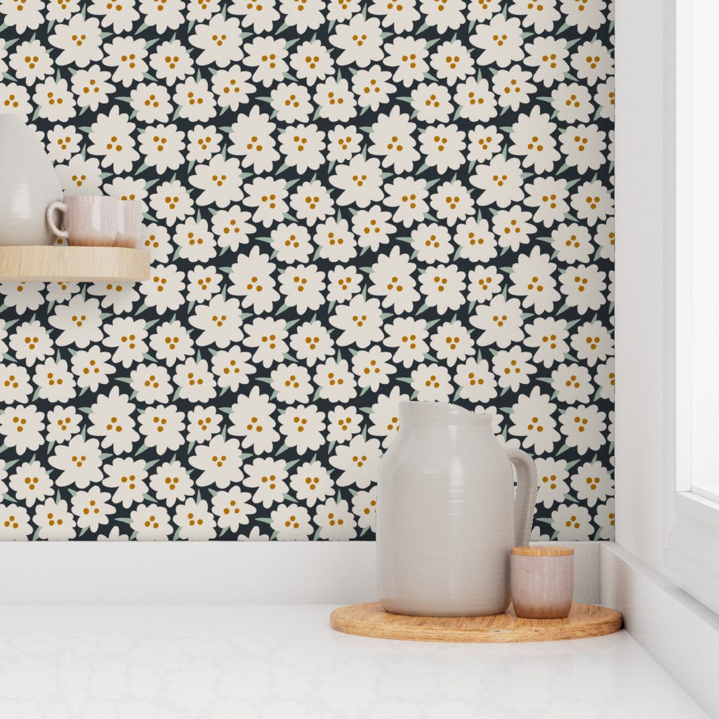 Kitchen with black and white floral wallpaper and ceramic items on a shelf. Designed by artist Leila Simon Hayes.