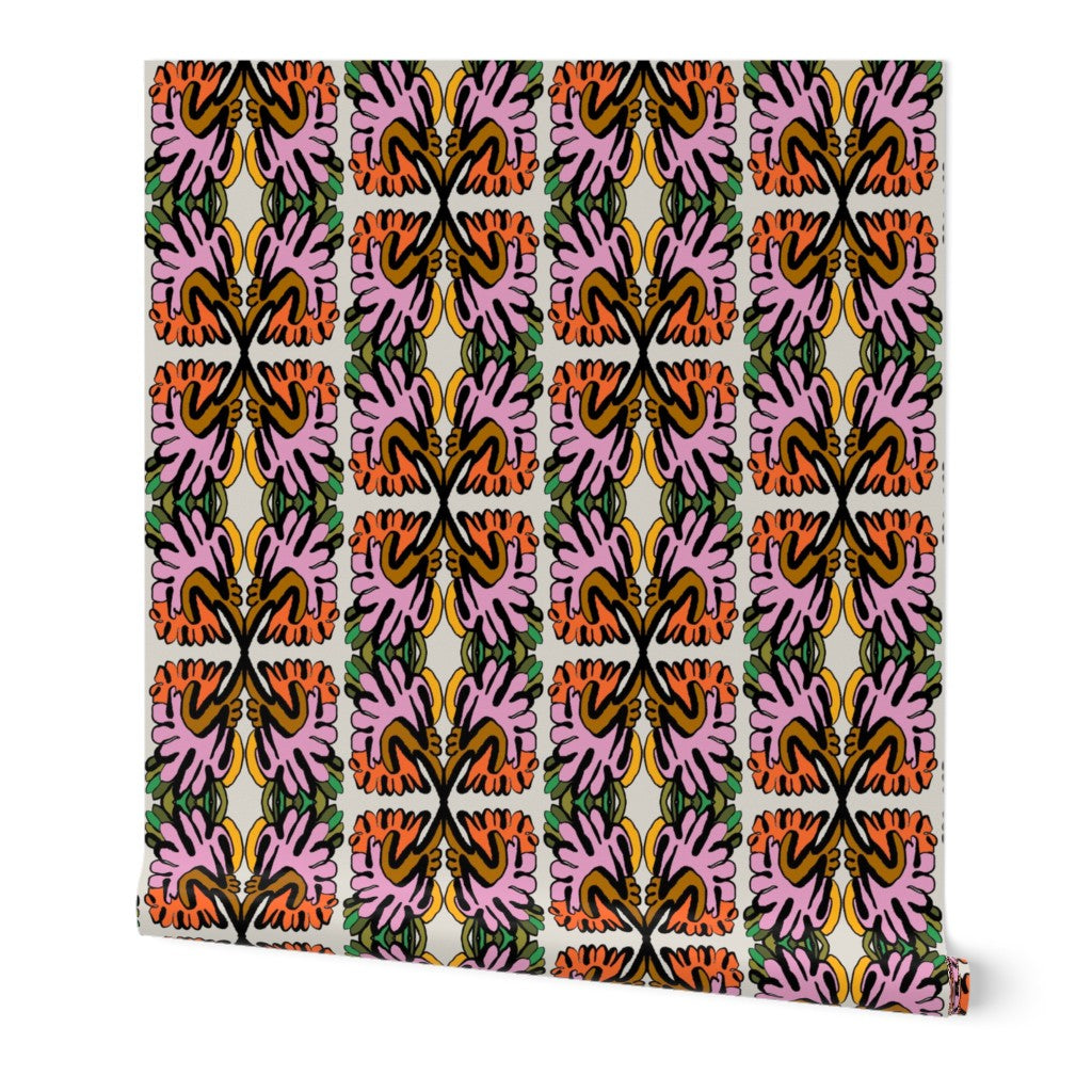 Colorful abstract patterned roll of wallpaper with a white border. Designed by artist Leila Simon Hayes.