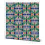 Colorful patterned roll of wallpaper with green, blue, and pink design on a white background. Designed by artist Leila Simon Hayes. 
