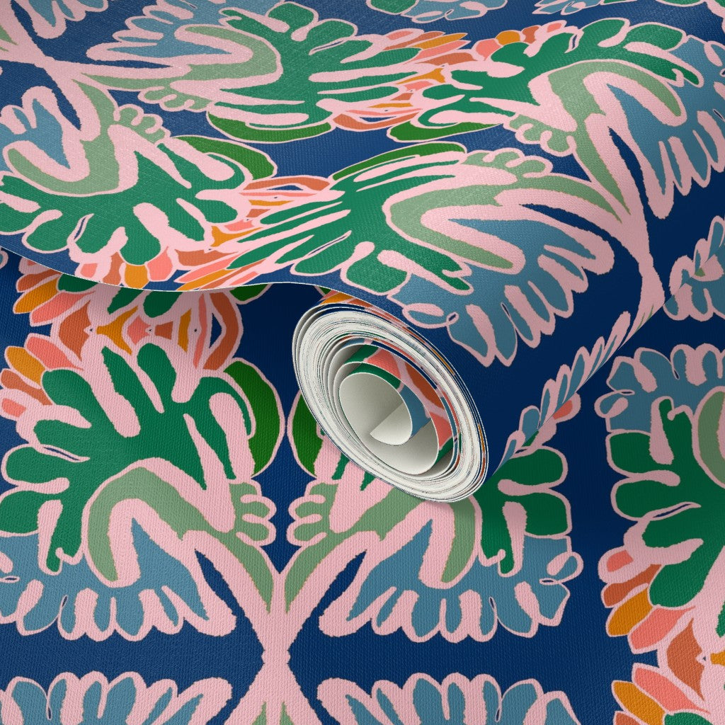 Close-up of a colorful floral patterned wallpaper roll. Designed by artist Leila Simon Hayes. 