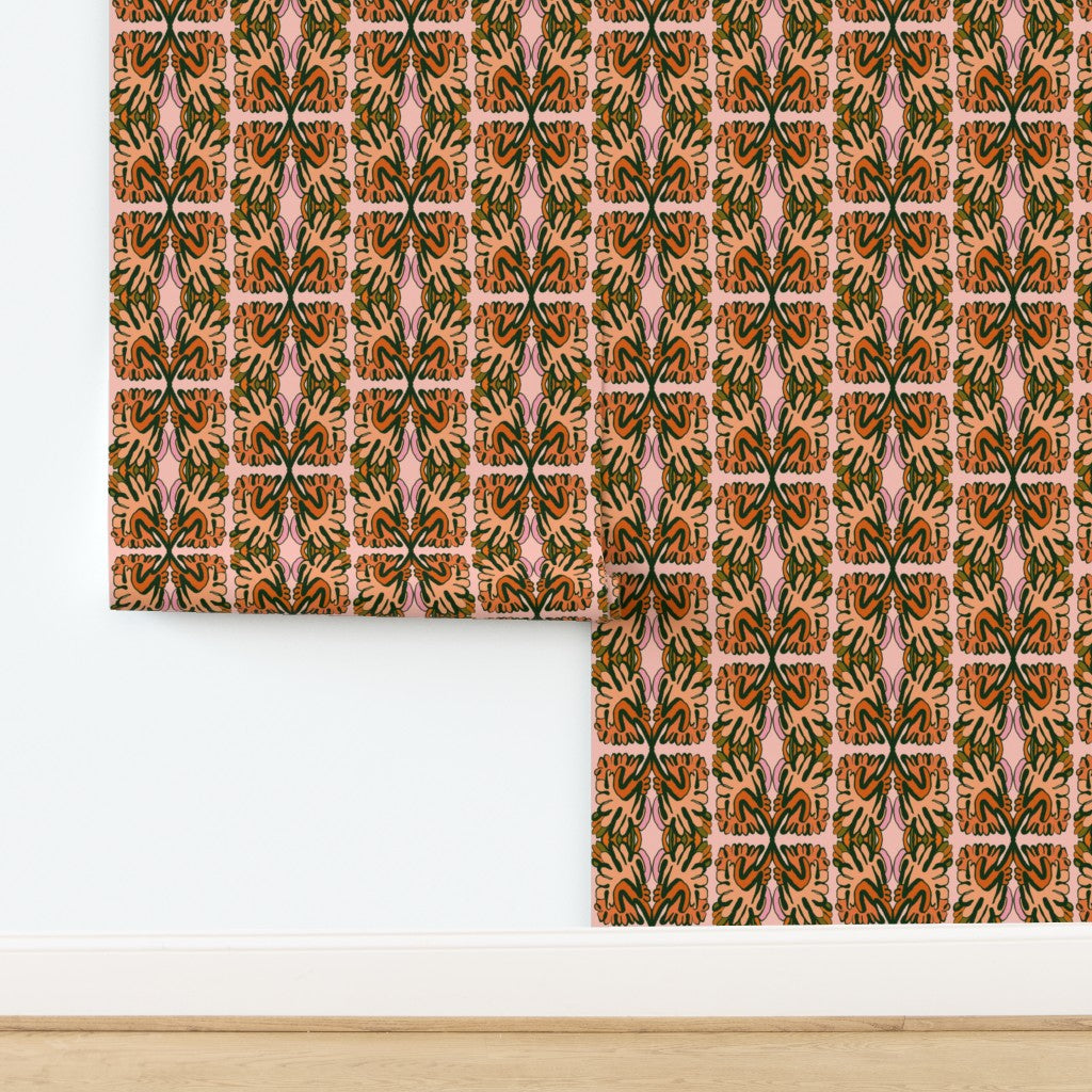 Patterned wallpaper with geometric design on a white wall. Designed by artist Leila Simon Hayes. 