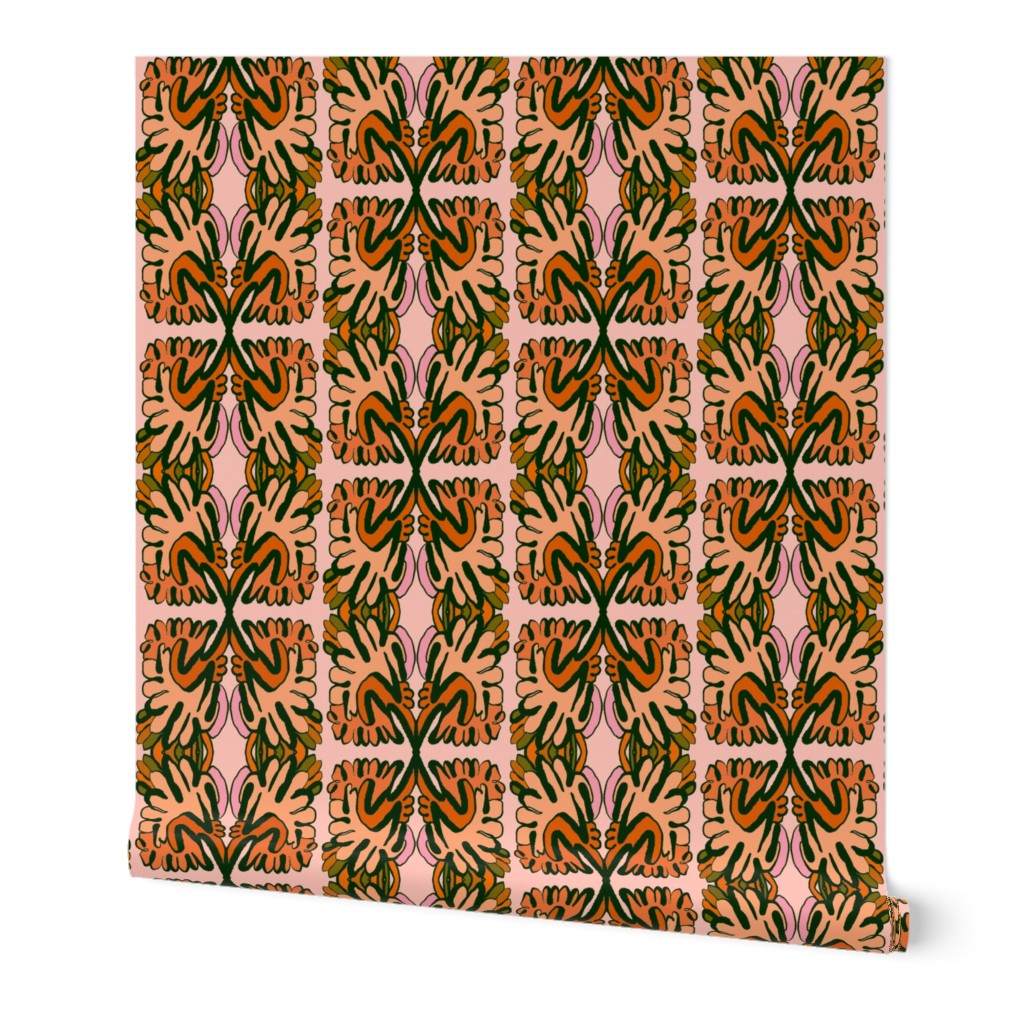 A roll of wallpaper with a geometric pattern on a white background. Designed by artist Leila Simon Hayes. 