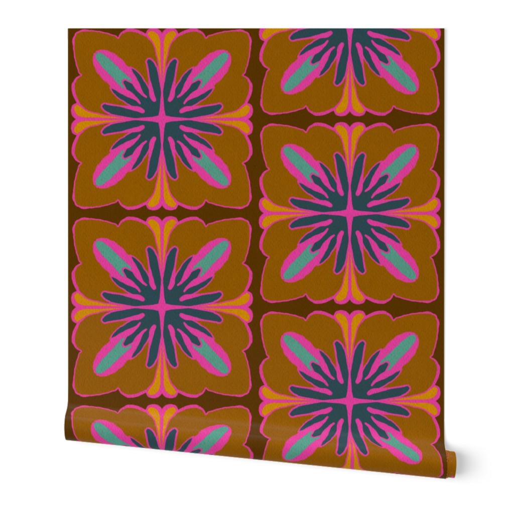 A roll of wallpaper featuring a retro 1970s floral pattern with brown, pink, teal, and navy blue geometric flower motifs. Designed by artist Leila Simon Hayes.
