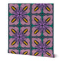 A roll of wallpaper featuring a retro 1970s-style floral pattern with pink petals, purple centers, yellow accents, and teal details on a dark slate blue background. Designed by artist Leila Simon Hayes.