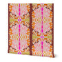 Wallpaper featuring a bold retro mid-century modern pattern with pink, orange, yellow, and white motifs on a dark brown background, shown against a plain white studio backdrop. Designed by artist Leila Simon Hayes.