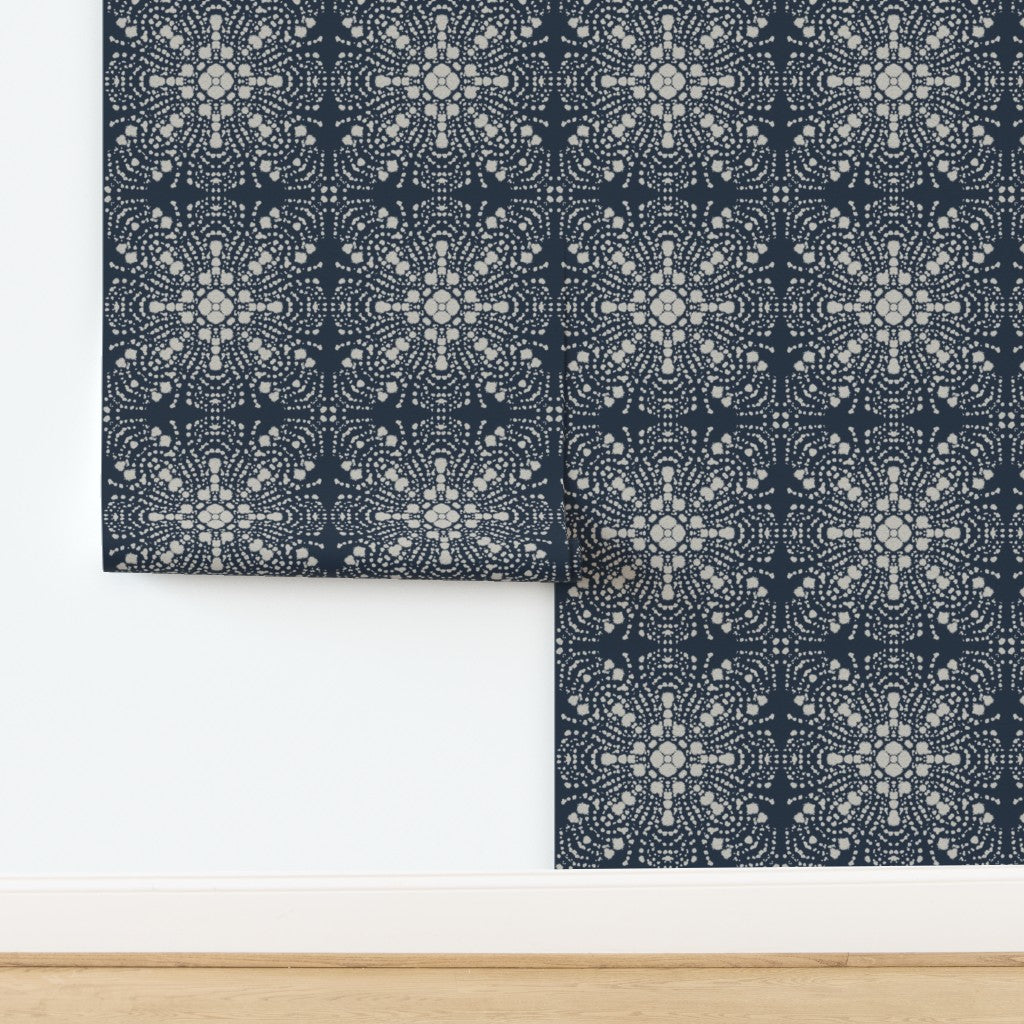 Navy blue and white patterned wallpaper on a white background. Designed by artist Leila Simon Hayes.