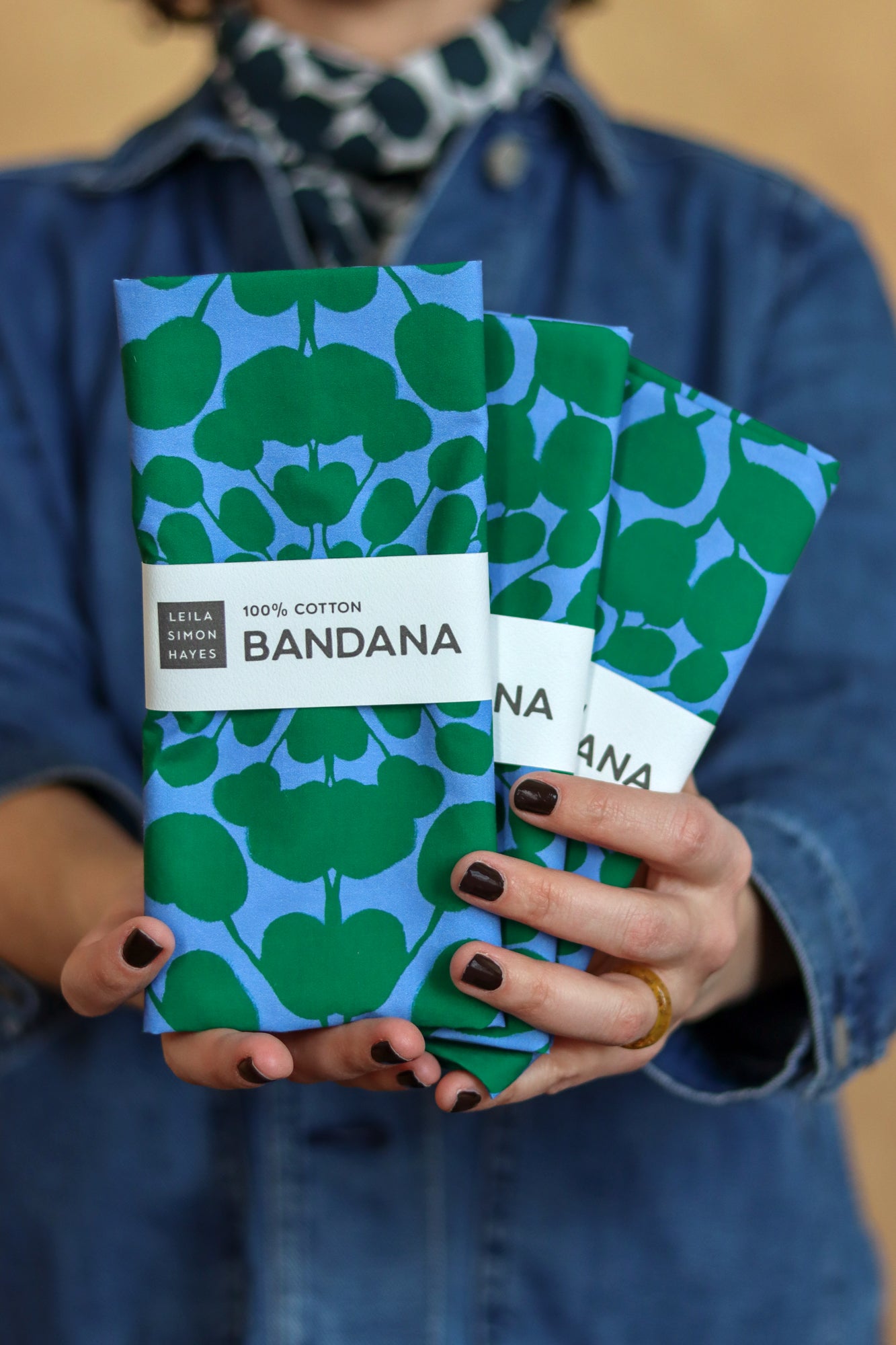 Two green bandana packages held by a person wearing a blue denim jacket. Designed by artist Leila Simon Hayes.