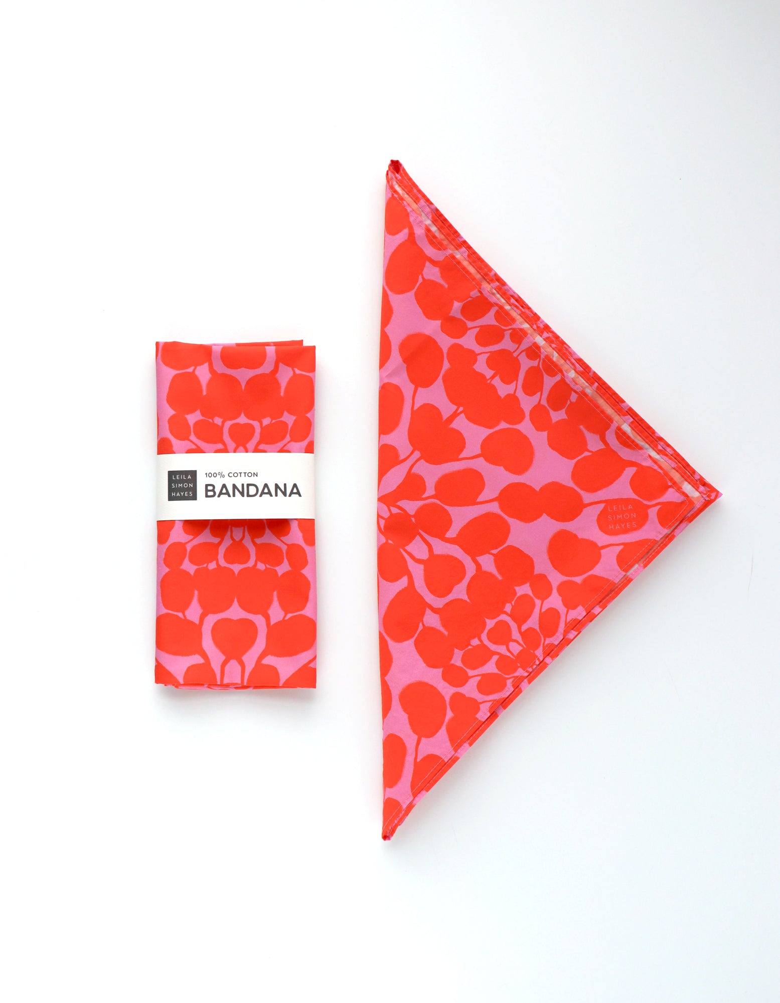 Red and pink patterned bandana with packaging on a white background. Designed by artist Leila Simon Hayes.