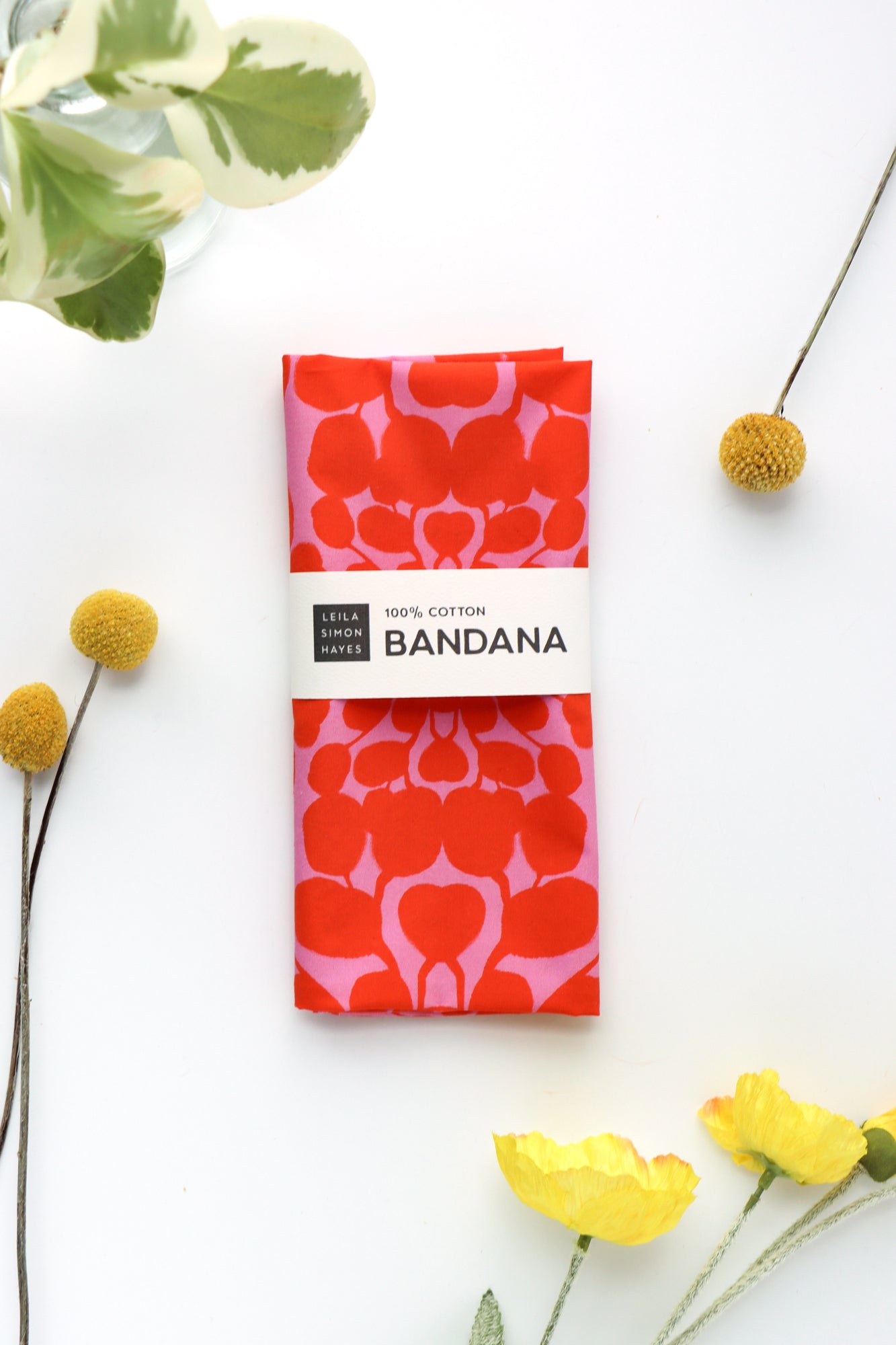Red and pink bandana packaging on a white background with yellow flowers. Designed by artist Leila Simon Hayes.