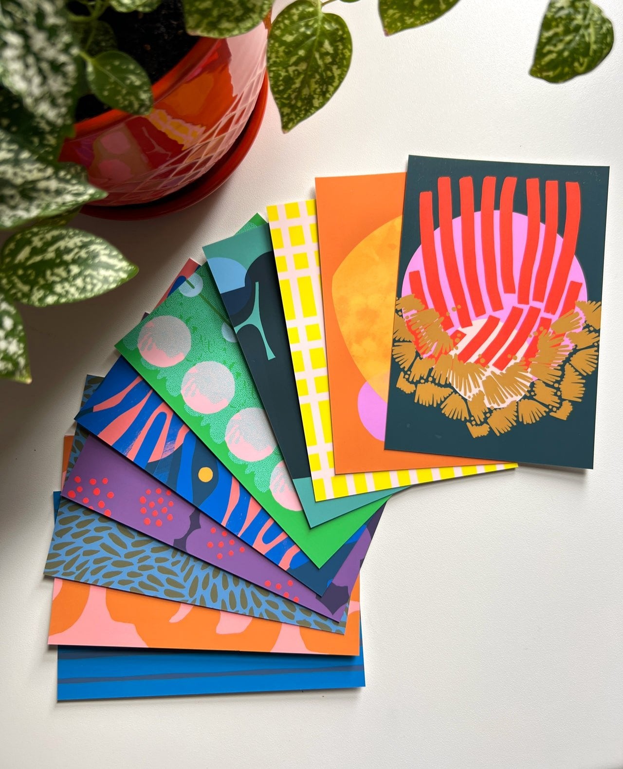 A pack of 10 postcards with various colorful abstract art patterns, designed by artist Leila Simon Hayes. Displayed with a red potted plant in the background.