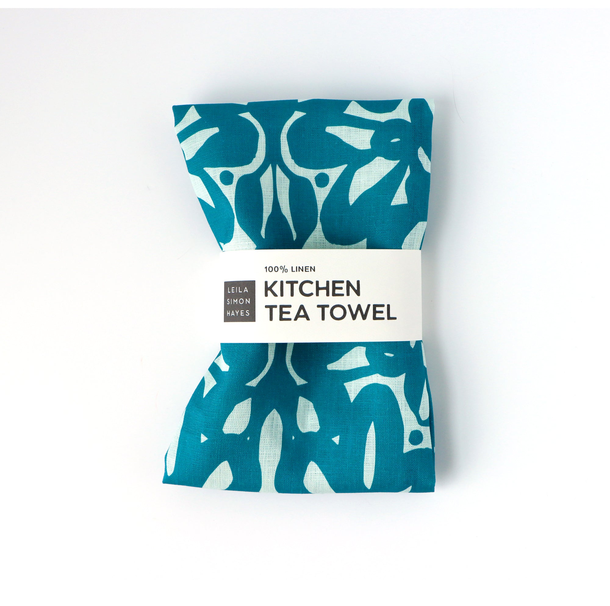 Blue kitchen tea towel with light blue pattern on a white background. Designed by artist Leila Simon Hayes.