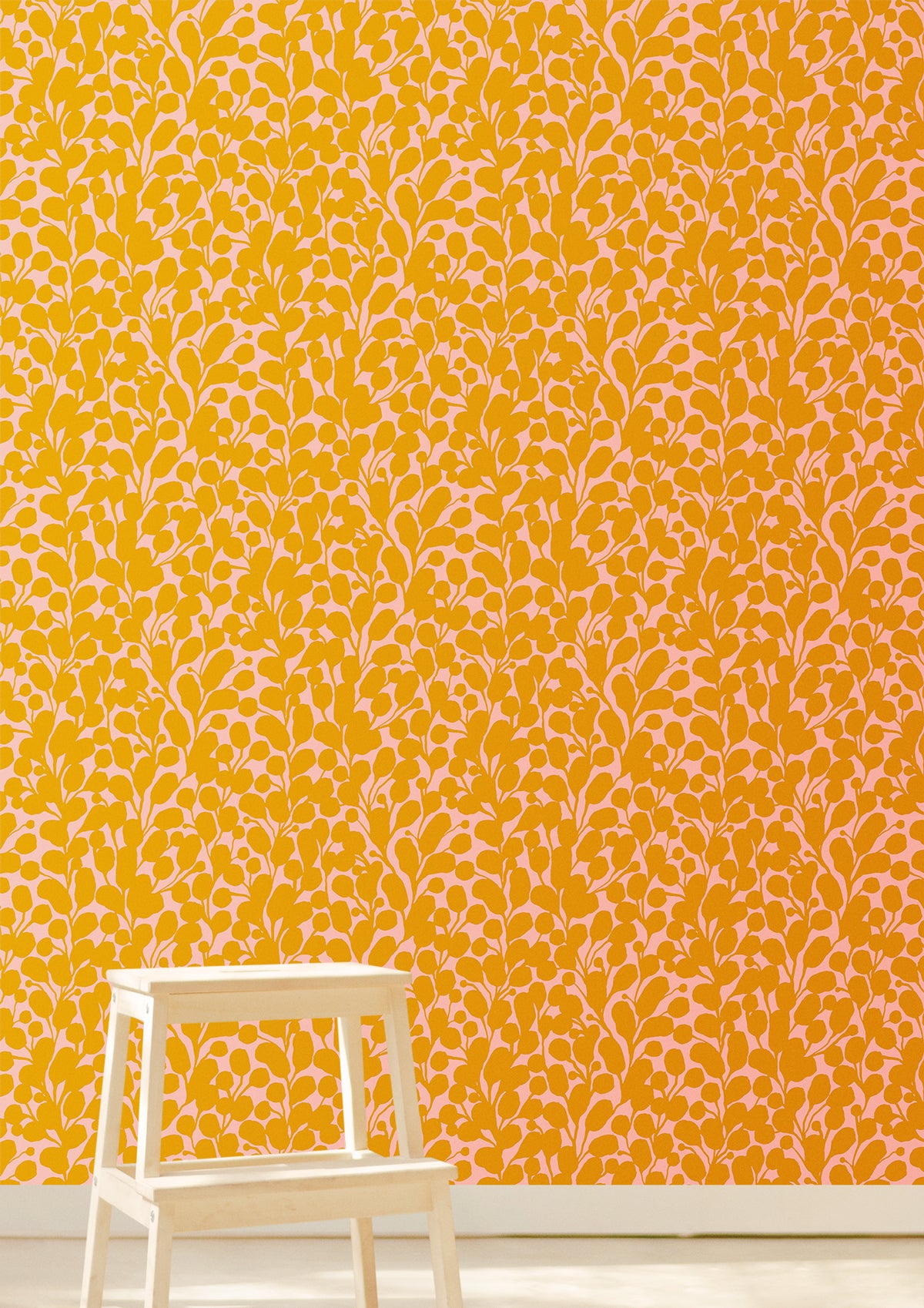 Roll of floral yellow wallpaper. Designed by artist Leila Simon Hayes.