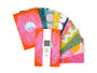 Pack of 10 colorful postcards with vibrant designs and a variety of patterns, designed by artist Leila Simon Hayes. Postcards are fanned out on a white background.