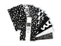 Pack of 10 black and white patterned postcards, designed by artist Leila Simon Hayes on a white background. Blank on other side of postcards.