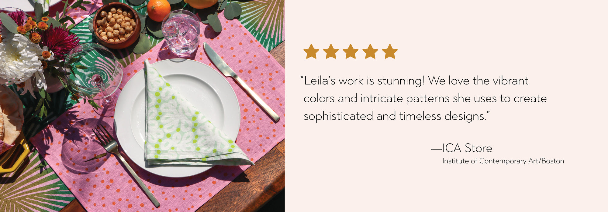 Five-star review of Leila's work with text and star rating on a white background.